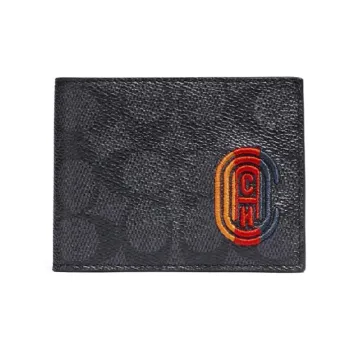 COACH Billfold Wallet Canvas With Leather Card Holder Clutch Men's Charcoal Black Monogram