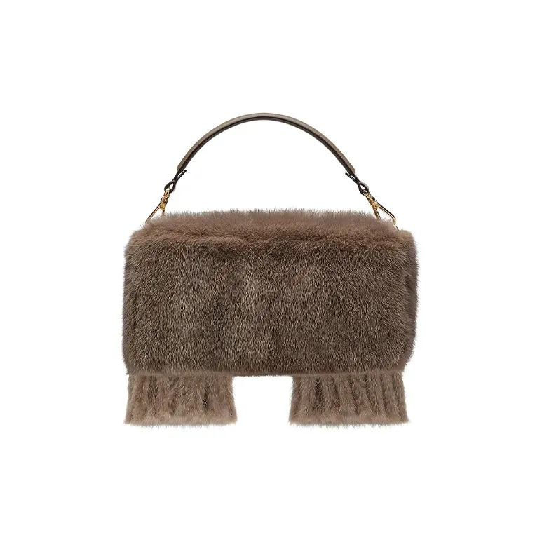 FENDI Baguette Mink Fur Blended With Lambskin Baguette Bag Handbag Shoulder Bag Crossbody Bag Medium Size Women's Gray-2