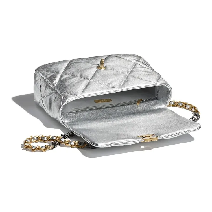 CHANEL 19Bag Metallic Lambskin Handbag, Shoulder Bag, Crossbody Bag Tubas Women's Silver/Gold-3