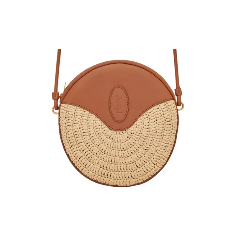 SAINT LAURENT Raffia Mixed Leather Crossbody Bag Shoulder Bag Women's Natural/Brown-0