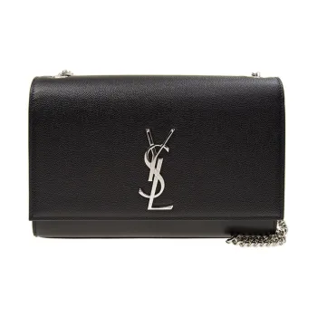 SAINT LAURENT Kate Medium Chain Bag In Grain De Poudre Silver tone Black