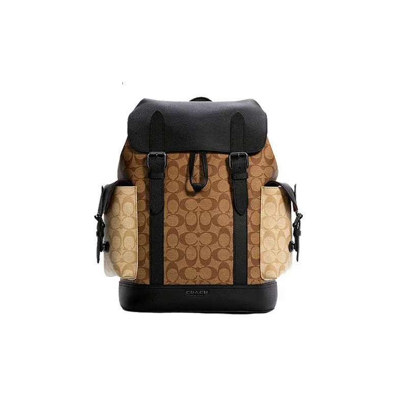 COACH Hudson Canvas With Leather Backpack Medium Size Men's Khaki Brown & Black-0