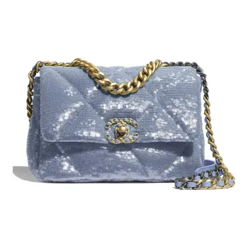 CHANEL 19Bag Sequins Calfskin Metal Flap Bag, Shoulder Bag, Crossbody Bag Trumpets Women's Sky Blue