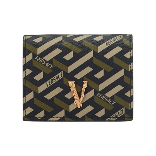 VERSACE Wmns Leather V Logo Printing Pocket Organizer Green/Chestnut Female Wallet