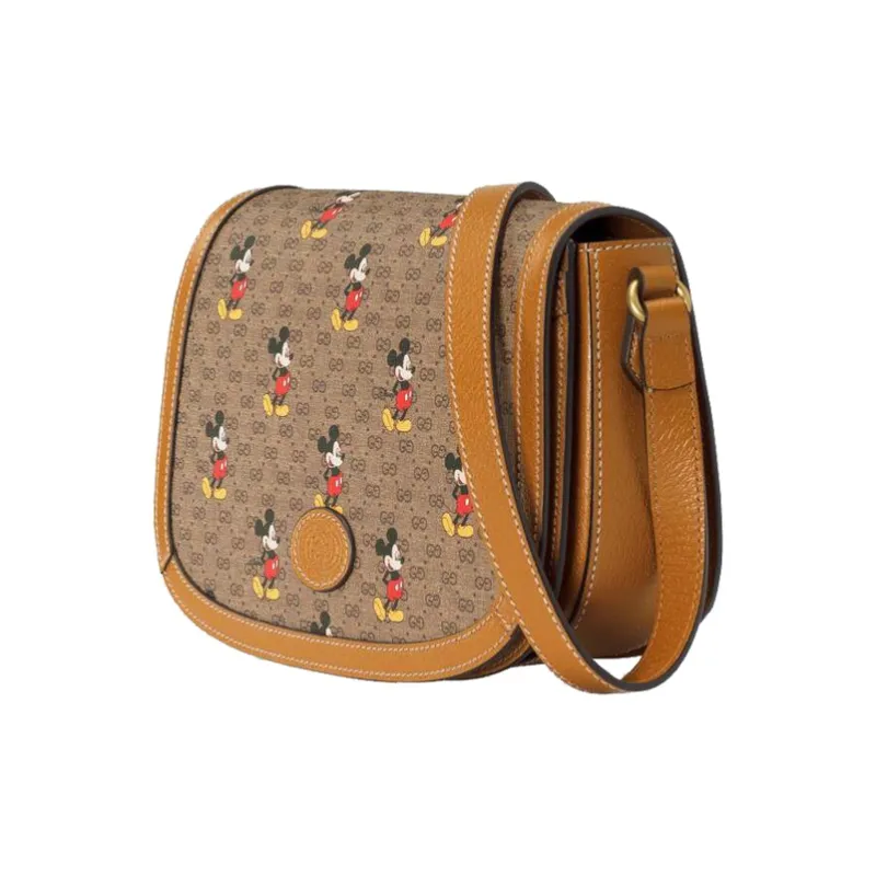 GUCCI Disney Collaboration Leather Saddle Bag Crossbody Shoulder Bag Unisex Ebony & Brown-2