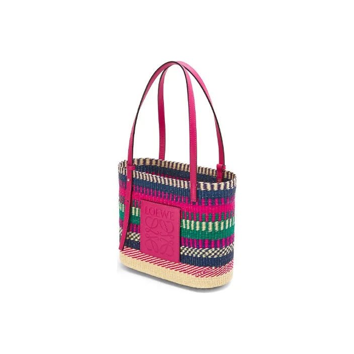 LOEWE Square Basket Palm Patchwork Cow Leather Handbag Shoulder Bag Women's Rose Red-1