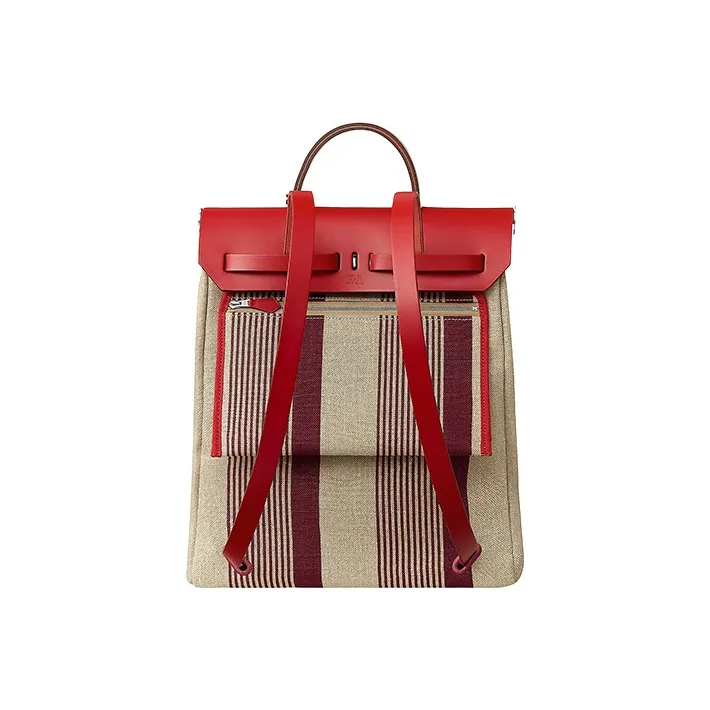 HERMES Herbag Zip Canvas With Leather Handbag Backpack Unisex Bordeaux Red/Light Taupe/Chili Red/Beige-1