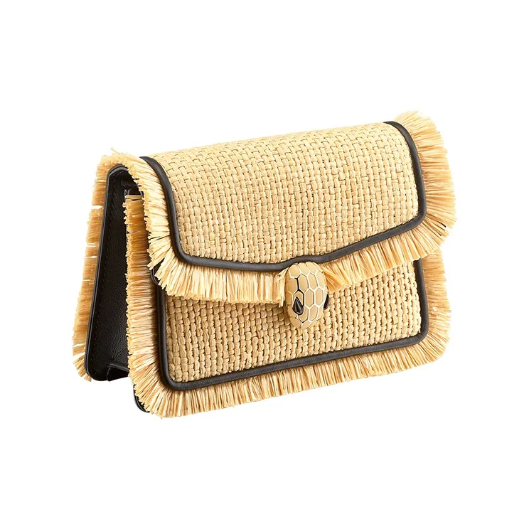 BVLGARI Serpenti Diamond Blast Raffia Patchwork Cow Leather Crossbody Bag Shoulder Bag Mini Unisex Beige Black-1