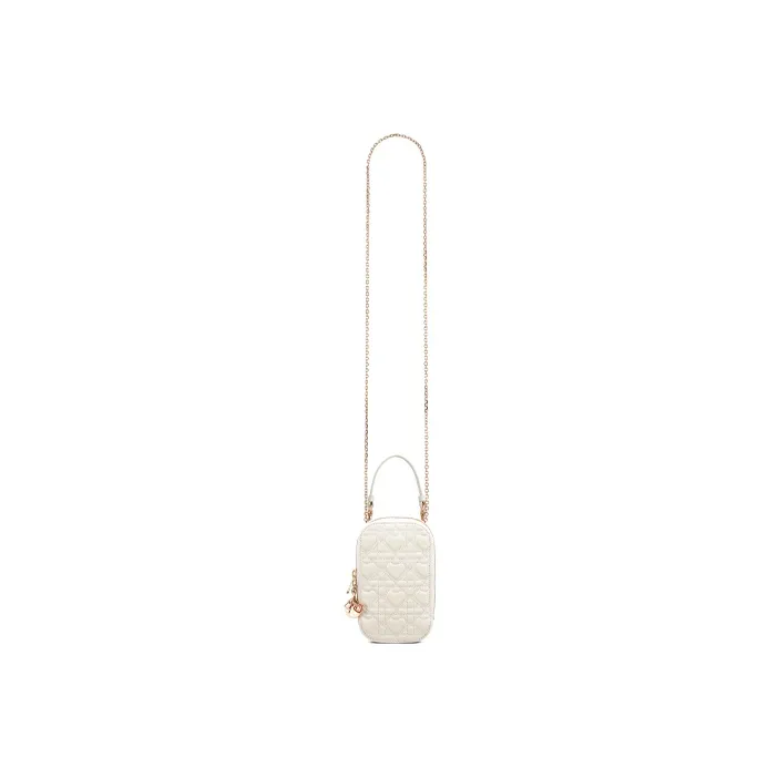 DIOR Lady Dior Sheepskin One Shoulder Crossbody Cell Phone Pouch Women's White-4