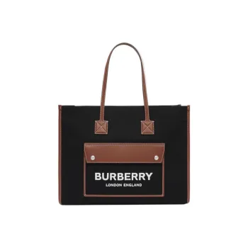 Burberry Freya Leather Cotton Tote Bag, Shopping Bag, Handbag, Shoulder Bag Women's Black
