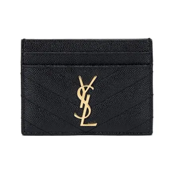 SAINT LAURENT CASSANDRE Grained Embossed Cow Leather Card Clip Card Holder Women's Black