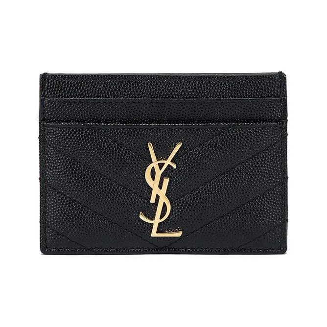 SAINT LAURENT CASSANDRE Grained Embossed Cow Leather Card Clip Card Holder Women's Black-0