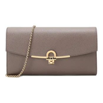 FERRAGAMO GANCINI Cow Leather Shoulder Bag, Clutch Handbag, Shoulder Bag Women's Gray Brown