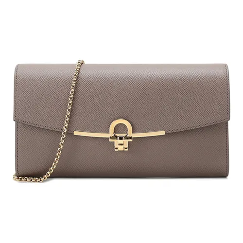 FERRAGAMO GANCINI Cow Leather Shoulder Bag, Clutch Handbag, Shoulder Bag Women's Gray Brown