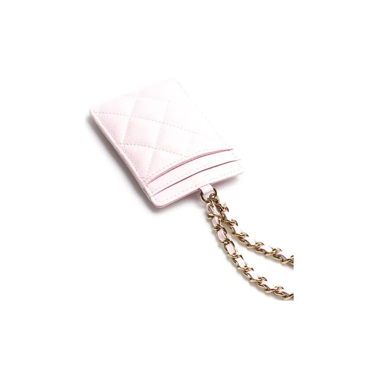 CHANEL 22c Early Spring Grain Embossed Calfskin Necklace Pouch Card Holder Women's Pink-2