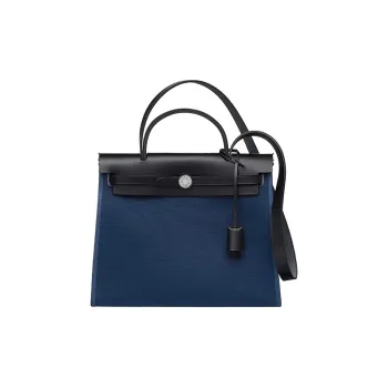 HERMES Herbag Canvas With Hunter Cow Leather Handbag Shoulder Bag Crossbody Bag Women's Malta Blue/Black
