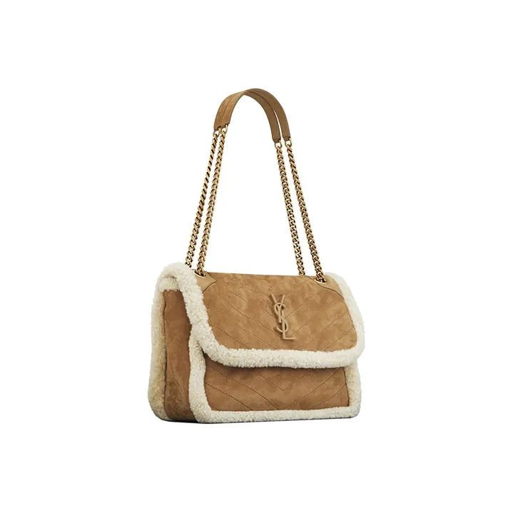 SAINT LAURENT Cowhide Leather Patchwork Wool Hobo Bag, Shoulder Bag, Crossbody Bag Medium Size Women's Camel & Beige-6