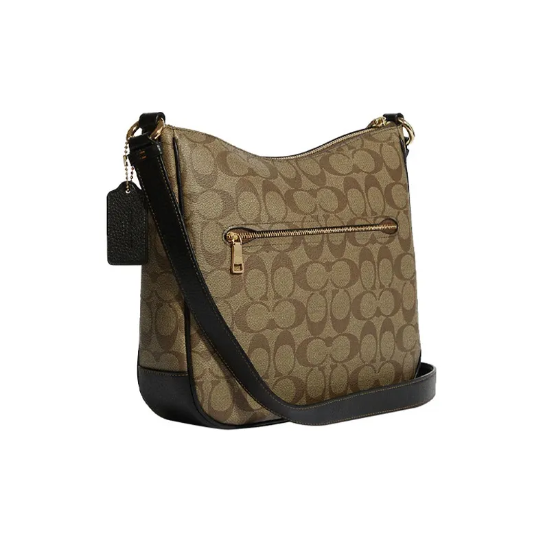 COACH Ellie Coated Canvas With Pebbled Leather Shoulder Bag Crossbody Bag Medium Size Women's Khaki-1