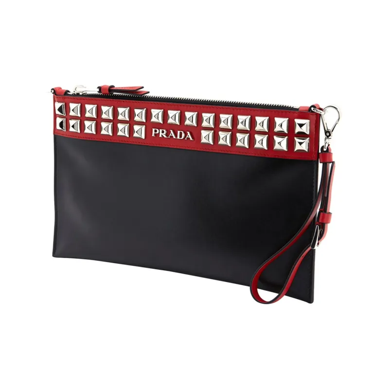 PRADA Cow Leather Clutch Regular Women's Black Red Multicolor-1