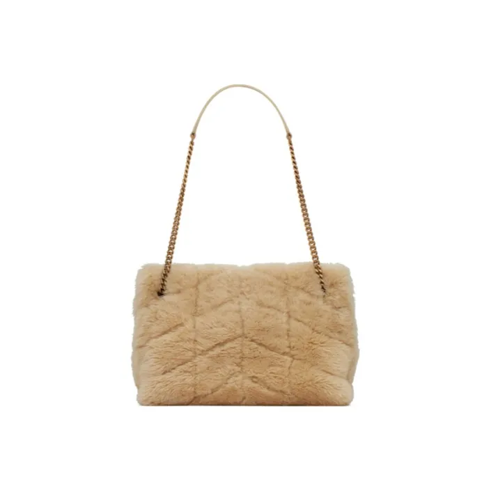 SAINT LAURENT Wool Bonded Leather Cloud Bag Pillow Bag Shoulder Bag Crossbody Bag Small Size Women's Beige-2