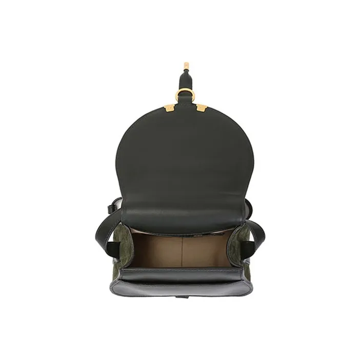 Chloe Marcie Suede Patchwork Shiny Calfskin Saddle Bag, Shoulder Bag, Crossbody Bag Mini Women's Night Forest Green-5
