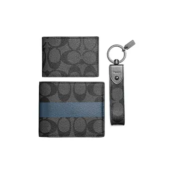 COACH 3 IN 1 Wallet Canvas Card Holder With Detachable Card Slot Charm With Bag 3-in-1 Foldable Wallet Mini Men's Black