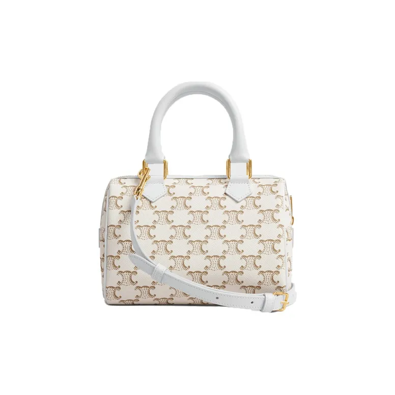 CELINE Triomphe Canvas With Calfskin Boston Bag, Crossbody Bag, Shoulder Bag, Handbag Women's White-2