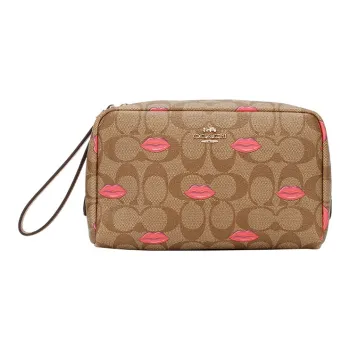 COACH Boxy Artificial Leather PVC Makeup Bag Small Size Women's Khaki Red Lip Print