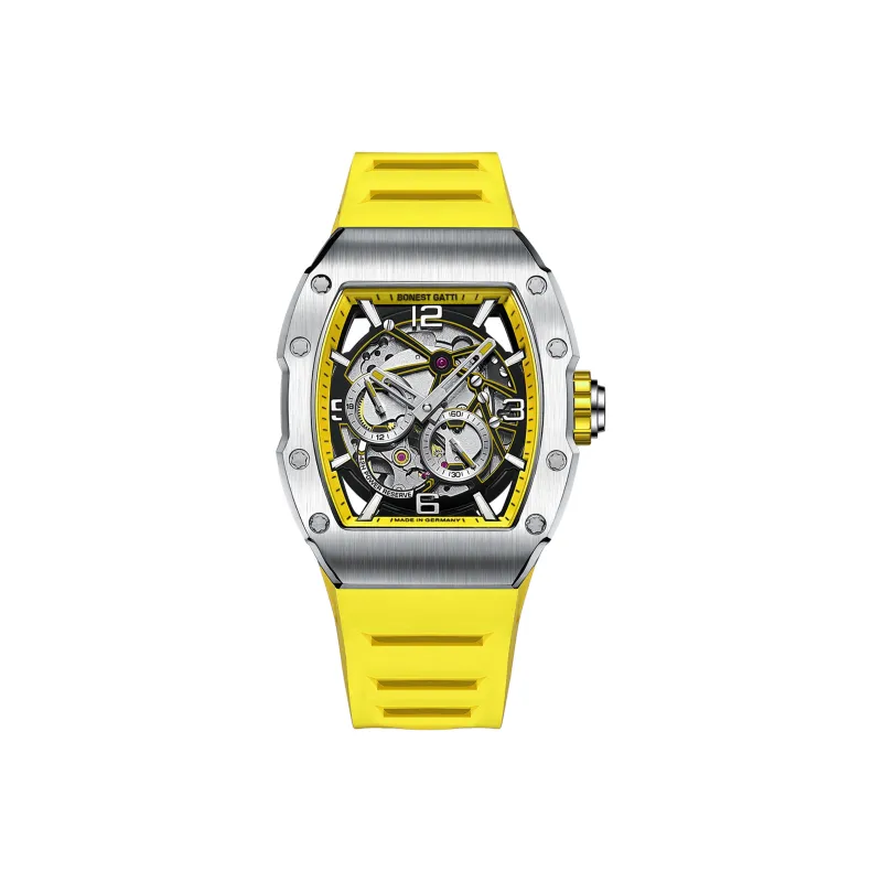 BONEST GATTI Phantom Time Automatic Mechanical Movement Rubber Strap Watch Men's Watches Yellow Watch Dial-1