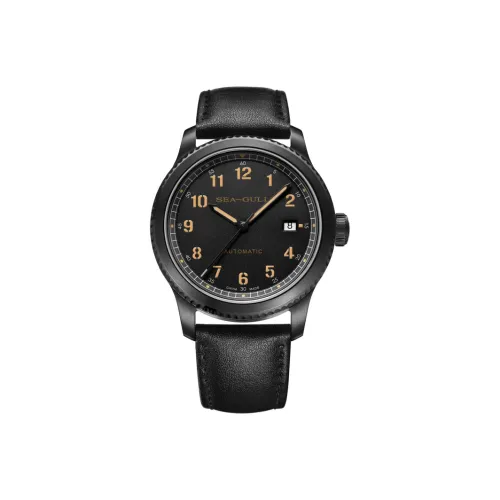 Sea Gull Frontier Automatic Mechanical Movement Genuine Leather Strap Watch Men's Watches Black Dial