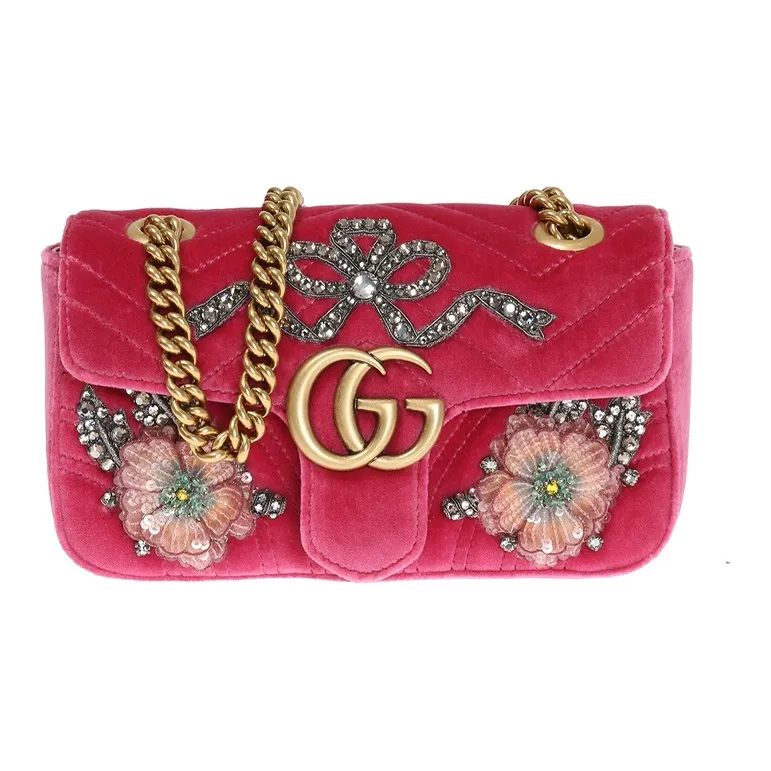 GUCCI Marmont Quilted Velvet Chain Shoulder Bag Crossbody Bag Mini Women's Pink-0