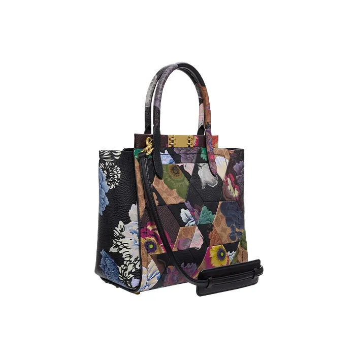 COACH X Kaffe Fassett Troupe Coated Canvas With Leather Tote Bag Shopping Bag Handbag Large Size Women's Black-1