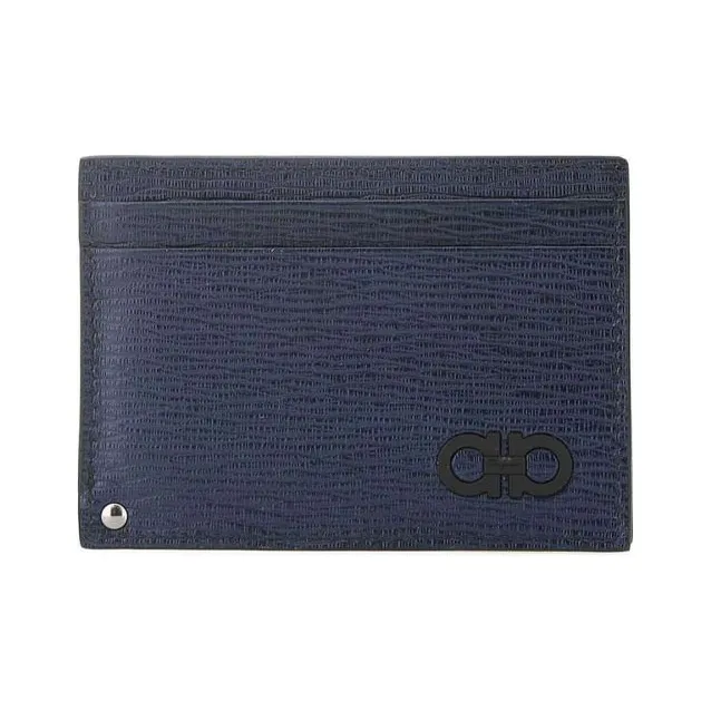 FERRAGAMO Leather Card Holder Wallet Men's Blue-0