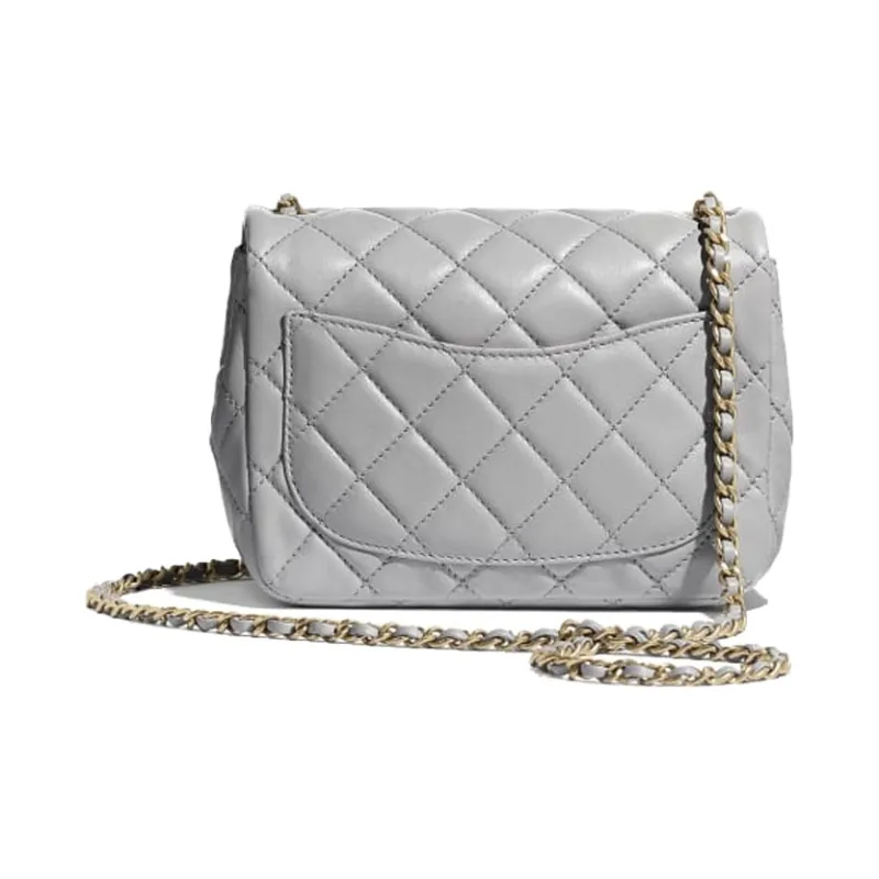CHANEL Sheepskin Mini Square Flap Bag Chain Bag Crossbody Bag Shoulder Bag Women's Light Gray-3