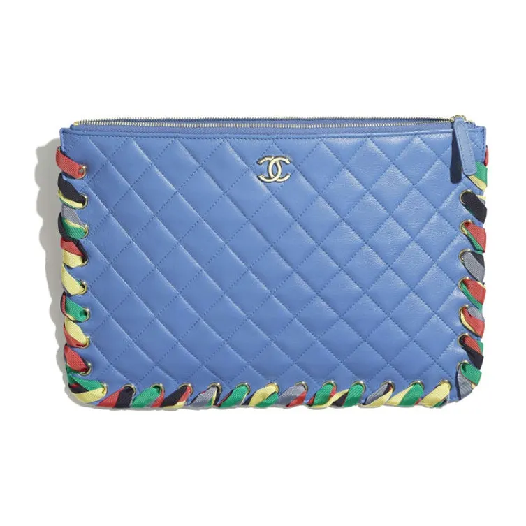 CHANEL Shiny Lambskin Clutch Women's Blue-2