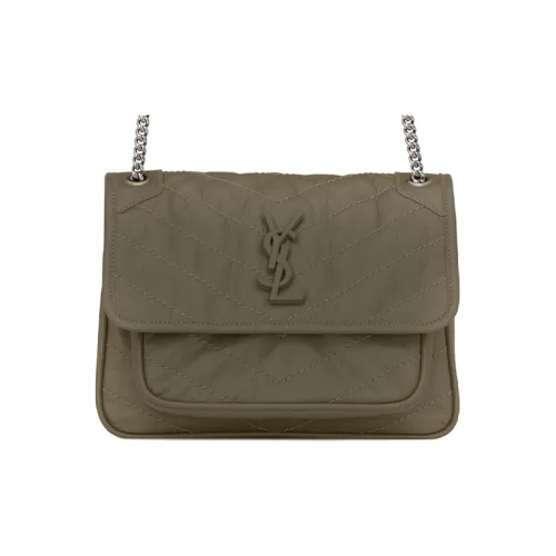 SAINT LAURENT Cow Leather Hobo Bag Shoulder Bag Women's Gray Khaki Green