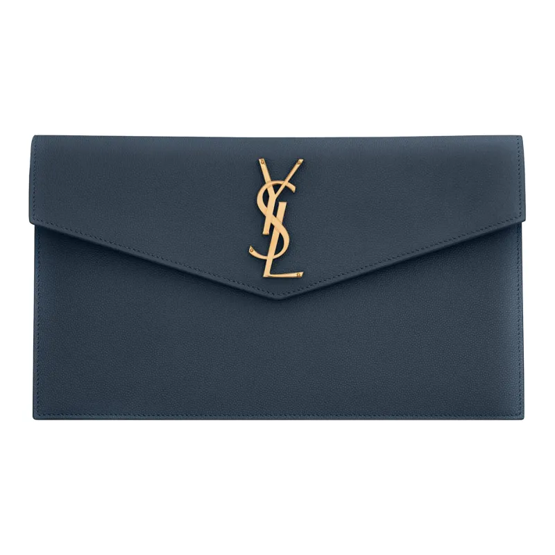 SAINT LAURENT UPTOWN Cow Leather Envelope Bag Clutches Small Size Women's Gray Blue-0