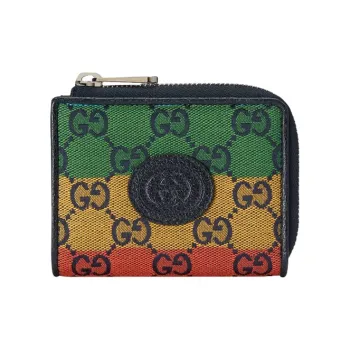 GUCCI Canvas Leather Label Wallet Canvas Bag Coin Purse Mini Men's Green & Yellow & Orange