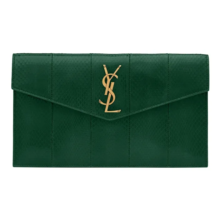 SAINT LAURENT UPTOWN Snake Skin Envelope Bag, Clutch Small Size Women's Grassland Green-0