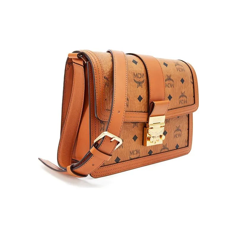 MCM Visetos Coated Canvas Messenger Bag, Crossbody Bag, Shoulder Bag Medium Size Women's Brown Cognac-1