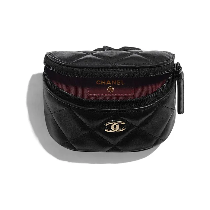 CHANEL Lambskin Zipper, Elastic String Wristband Coin Purse Women's Black-3