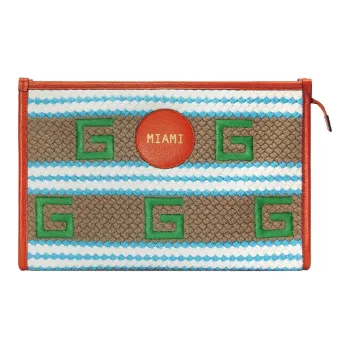 GUCCI Fabric Leather Clutch Women's Orange/Green/Brown
