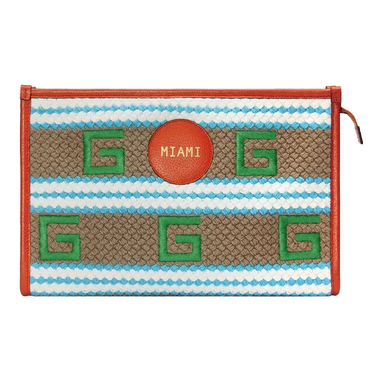 GUCCI Fabric Leather Clutch Women's Orange/Green/Brown-0