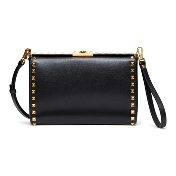 Valentino Rockstud Alcove Grained Calfskin Handheld Handbag Shoulder Bag Crossbody Bag Men's Black-0