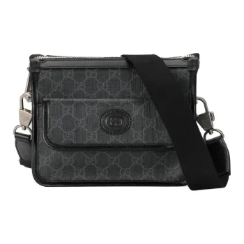 GUCCI GG Retro Series Leather Paneled Canvas Messenger Bag Crossbody Bag Shoulder Bag Men's Black Gray Color