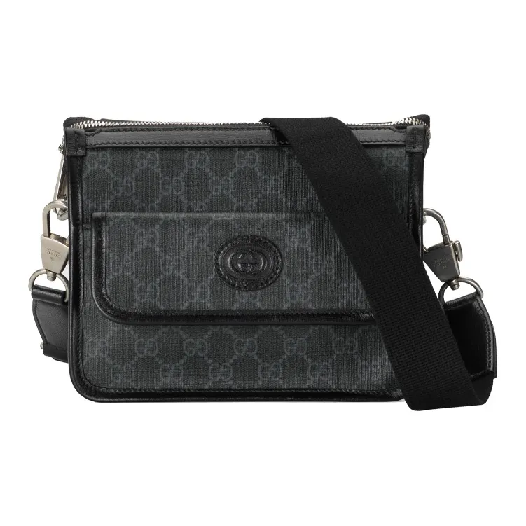 GUCCI GG Retro Series Leather Paneled Canvas Messenger Bag Crossbody Bag Shoulder Bag Men's Black Gray Color-0