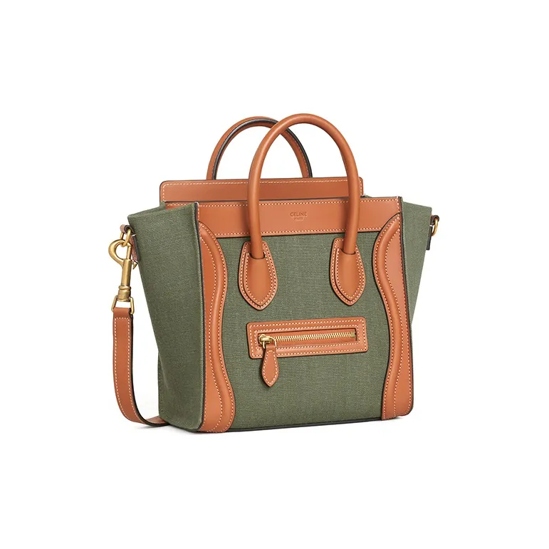 CELINE Luggage Fabric Cow Leather Patchwork One Shoulder Handbags Nano Women's Khaki Green/Tan-1