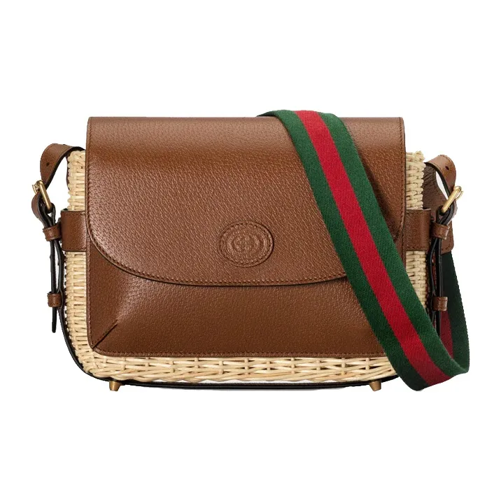 GUCCI Wicker Patchwork Leather Messenger Bag Shoulder Bag Crossbody Bag Small Size Unisex Brown & Beige-0