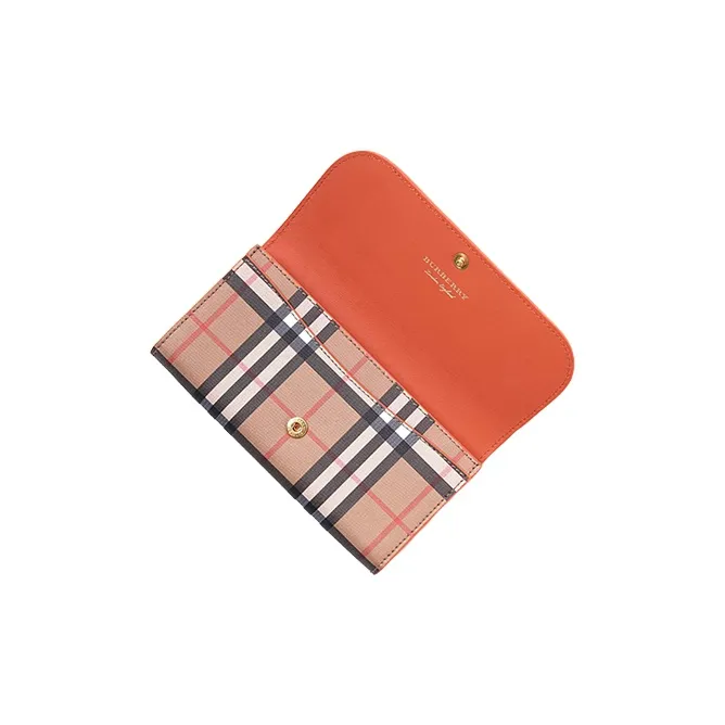 Burberry Cow Leather Card Holder Wallet Women's Khaki/Orange-4