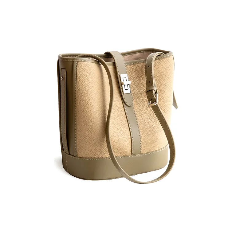 VENOF Cow Leather Bucket Bag, Shoulder Bag Medium Size Women's Beige/Brown-11
